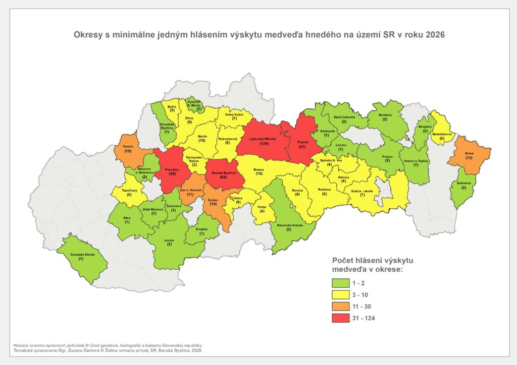 Mapa Slovenska zobrazujúca okresy s minimálne jedným hlásením výskytu medveďa hnedého v roku 2026. Okresy sú farebne rozdelené podľa počtu hlásení od nízkeho po vysoký výskyt.