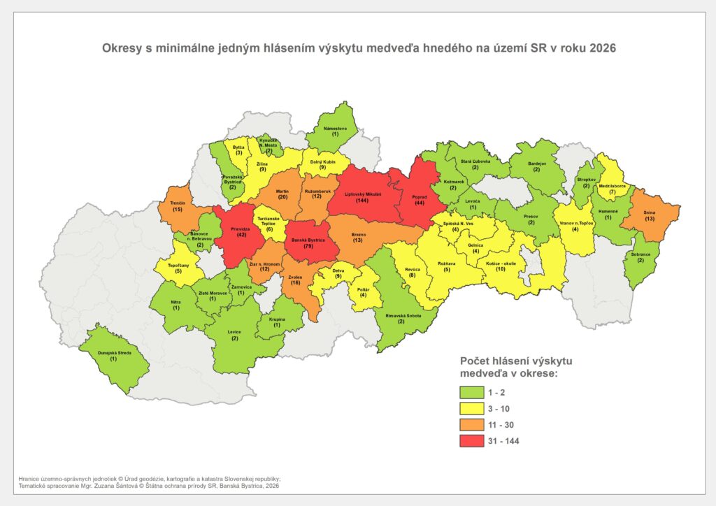 Mapa Hlásenia výskytu medveďa hnedého k 25.5.2026