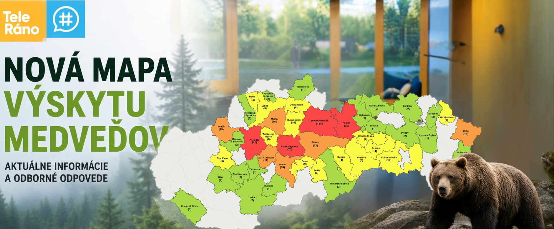 Titulná grafika k relácii Teleráno na TV Markíza o novej mape výskytu medveďa hnedého na Slovensku. Na obrázku je farebná mapa okresov s hláseniami výskytu medveďov, silueta lesa v pozadí a medveď hnedý v pravom dolnom rohu. Grafika obsahuje logo Teleráno a text upozorňujúci na aktuálne informácie a odborné odpovede.