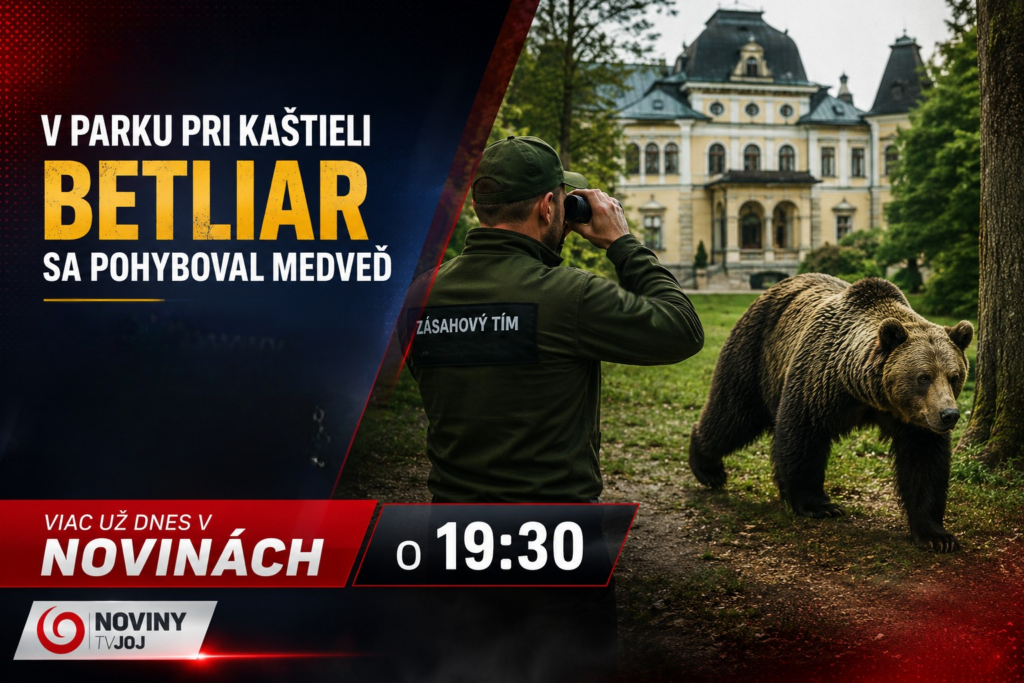 Grafická upútavka TV JOJ zobrazujúca člena Zásahového tímu ŠOP SR pri monitoringu medveďa hnedého v parku pri kaštieli Betliar. Na obrázku je aj medveď v blízkosti kaštieľa a text upozorňujúci na zvýšenú opatrnosť a večerné vysielanie Novín TV JOJ o 19:30.