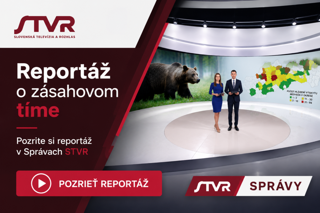 Grafika propagujúca reportáž STVR o Zásahovom tíme ŠOP SR. Na obrázku je televízne štúdio Správ STVR s moderátormi, vizualizáciou medveďa a mapou Slovenska zobrazujúcou hlásenia výskytu medveďov.