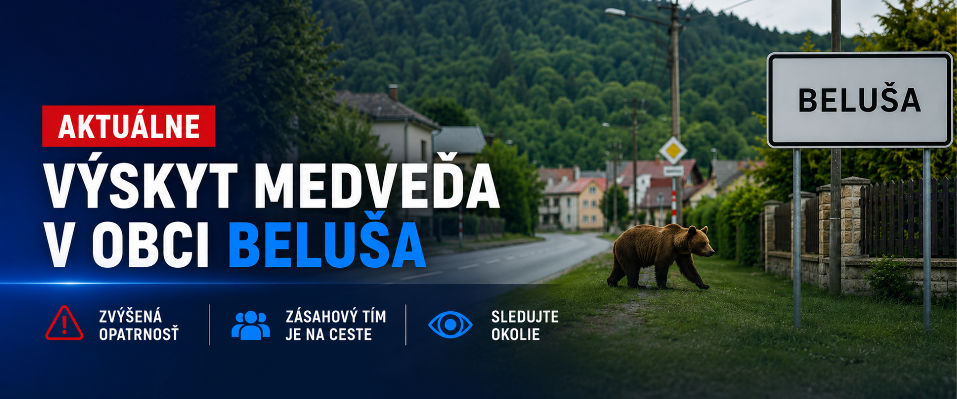 Grafika upozorňujúca na výskyt medveďa v obci Beluša. Na pravej strane je medveď pohybujúci sa popri ceste pri tabuli s názvom obce Beluša, v pozadí vidno dedinu a lesnaté kopce. Na ľavej strane sa nachádza výrazný tmavomodrý informačný panel s nápisom „Aktuálne – Výskyt medveďa v obci Beluša“ a ikonami upozorňujúcimi na zvýšenú opatrnosť, príchod zásahového tímu a potrebu sledovať okolie.