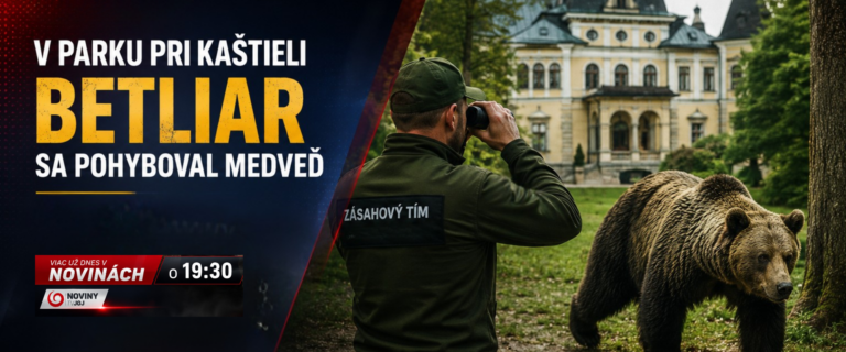 Grafická upútavka TV JOJ zobrazujúca člena Zásahového tímu ŠOP SR pri monitoringu medveďa hnedého v parku pri kaštieli Betliar. Na obrázku je aj medveď v blízkosti kaštieľa a text upozorňujúci na zvýšenú opatrnosť a večerné vysielanie Novín TV JOJ o 19:30.