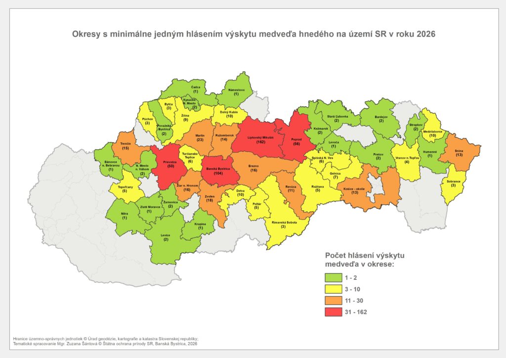Mapa Hlásenia výskytu medveďa hnedého k 1.6.2026