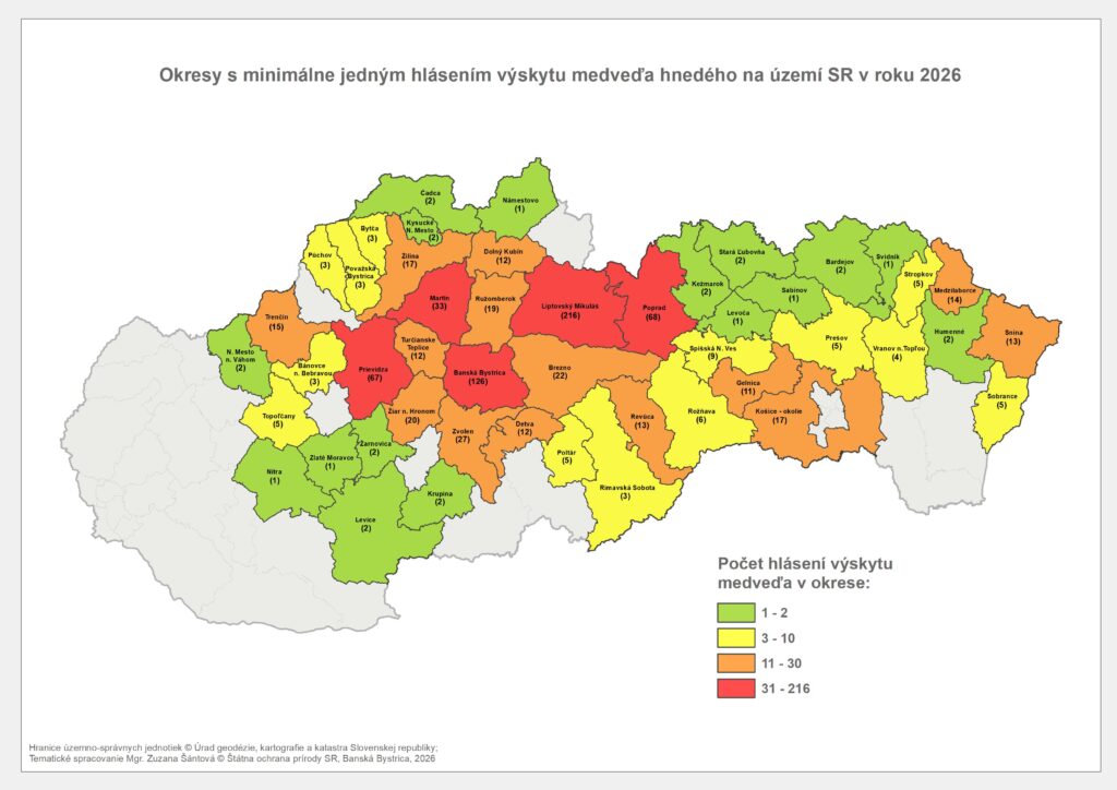 Mapa Hlásenia výskytu medveďa hnedého k 11.6.2026