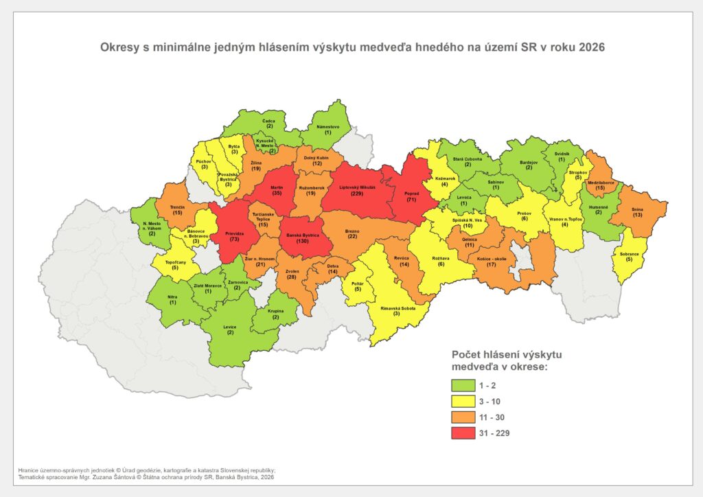 Mapa Hlásenia výskytu medveďa hnedého k 15.6.2026