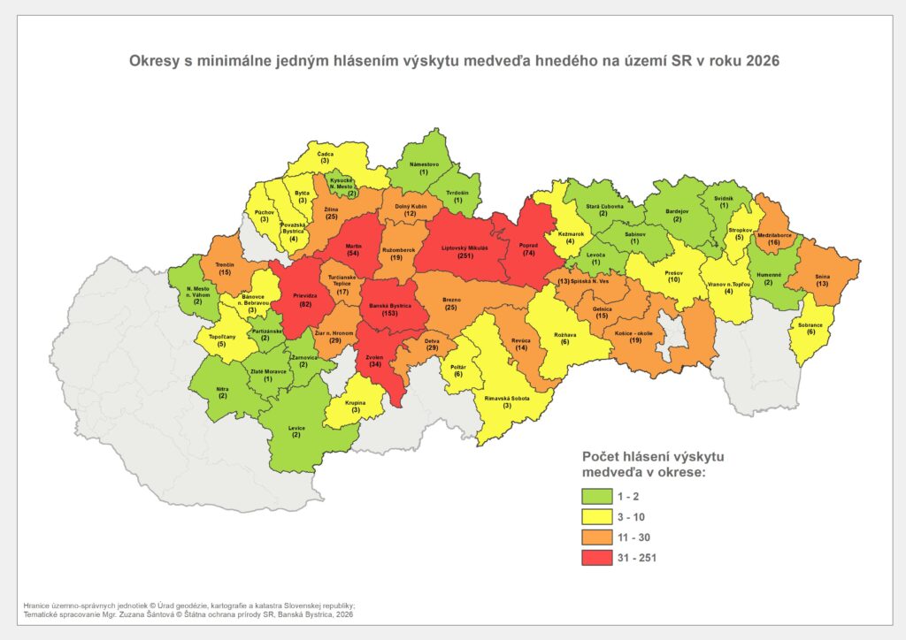 Mapa Hlásenia výskytu medveďa hnedého k 22.6.2026