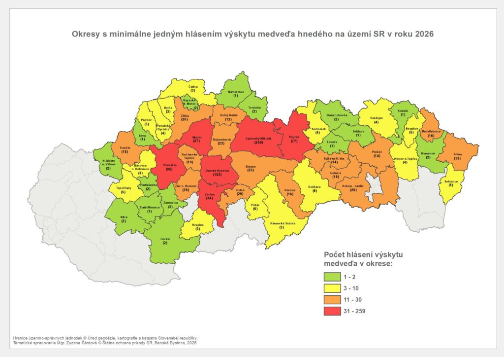 Mapa Hlásenia výskytu medveďa hnedého k 25.6.2026