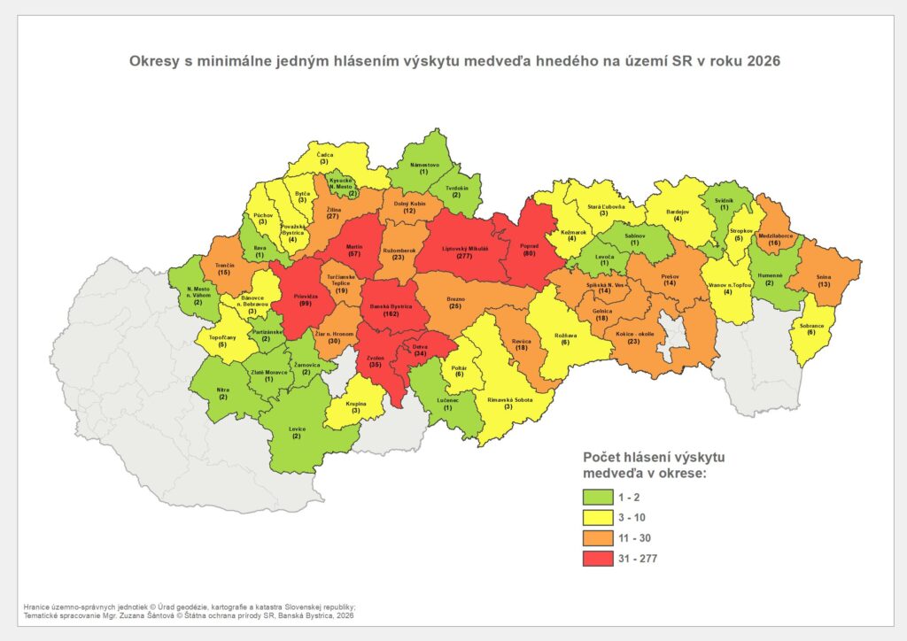 Mapa Hlásenia výskytu medveďa hnedého k 29.6.2026