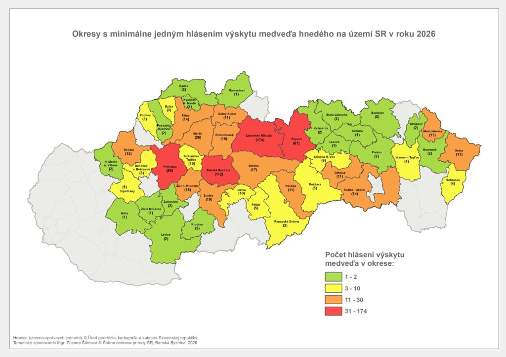 Mapa Hlásenia výskytu medveďa hnedého k 4.6.2026