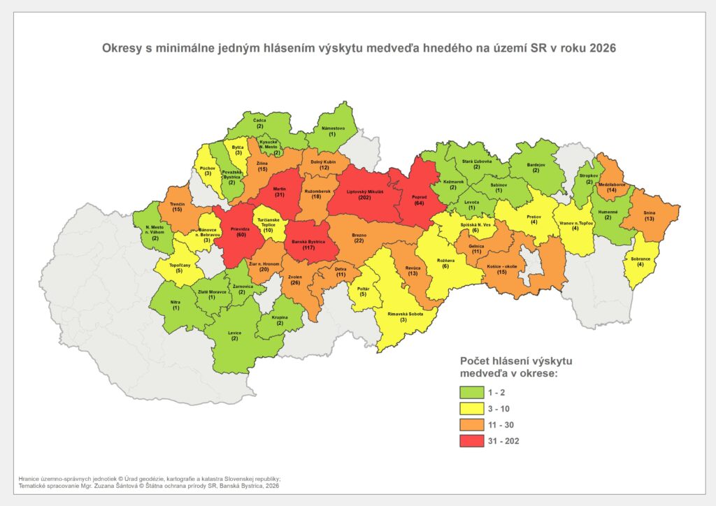 Mapa Hlásenia výskytu medveďa hnedého k 8.6.2026