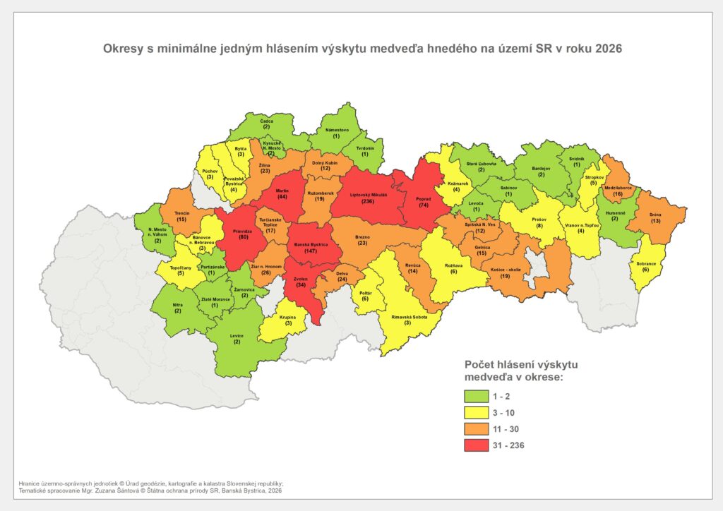 Mapa Hlásenia výskytu medveďa hnedého k 18.6.2026