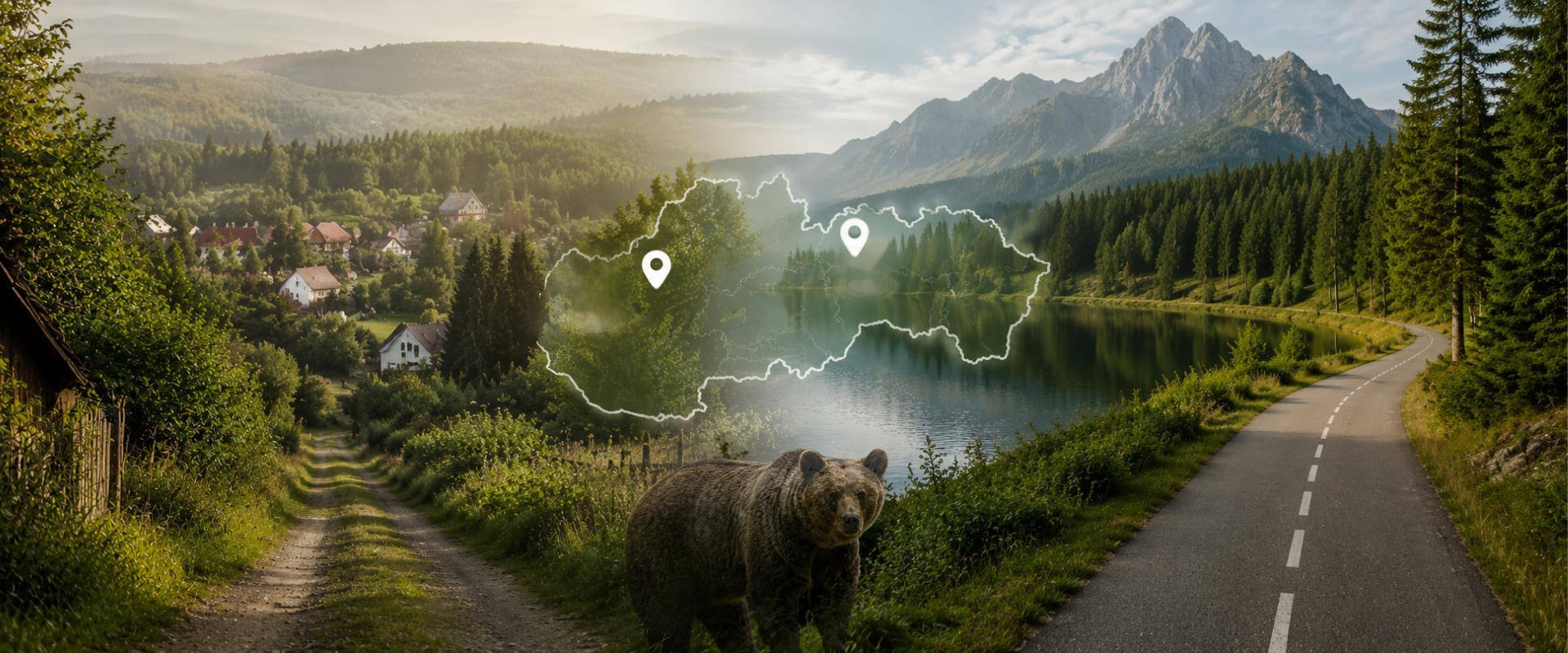 Panoramatická grafika zobrazujúca dve prírodné lokality spojené do jedného obrazu. Na ľavej strane je vidiecka zástavba pri okraji lesa so spevnenou lesnou cestou vedúcou do záhradkárskej oblasti. Na pravej strane sa nachádza horské jazero obklopené ihličnatými lesmi a cyklistická cesta smerujúca popri brehu. V strede je jemne prekrytá silueta mapy Slovenska s dvomi vyznačenými lokalitami upozornení. V popredí stojí medveď hnedý ako symbol témy výskytu medveďov. Grafika nemá žiadny text a slúži ako ilustračný titulný obrázok k upozorneniu na výskyt medveďa hnedého v obci Opatová a pri Štrbskom Plese.