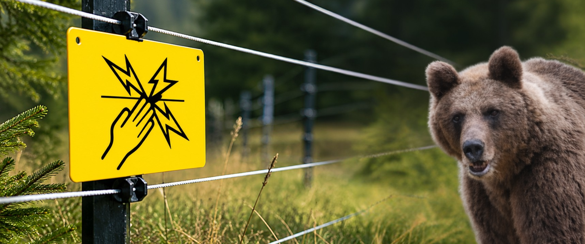 Elektrický ohradník patrí medzi najúčinnejšie preventívne opatrenia na ochranu hospodárskych zvierat, včelstiev a ďalších zdrojov potravy pred medveďom hnedým. Na fotografii je výstražná tabuľa elektrického oplotenia v popredí, zatiaľ čo v pozadí sa nachádza medveď. Obrázok symbolicky znázorňuje význam preventívnych opatrení pri znižovaní škôd spôsobovaných veľkými šelmami a podpore bezpečného spolužitia človeka a voľne žijúcich živočíchov.
