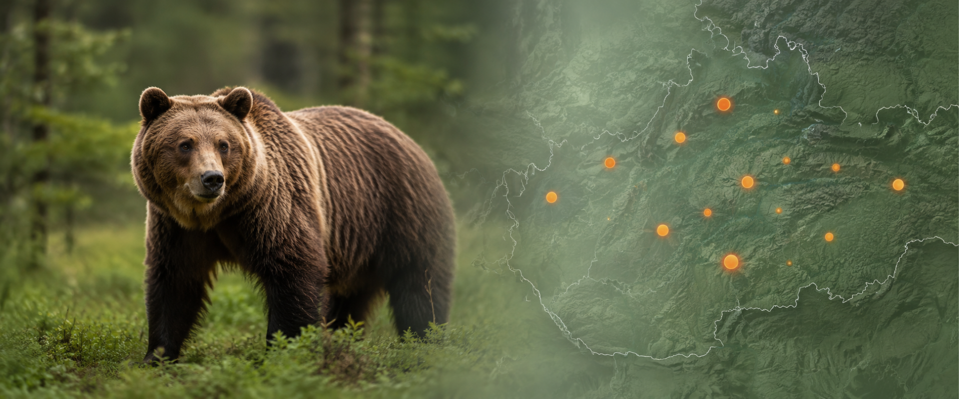 Ilustračná grafika zobrazujúca medveďa hnedého stojaceho v lesnom prostredí. V pravej časti obrázka je znázornená mapa Slovenska s vyznačenými bodmi predstavujúcimi evidované hlásenia výskytu medveďa hnedého. Grafika symbolicky prepája monitoring výskytu medveďov s ich prirodzeným prostredím.