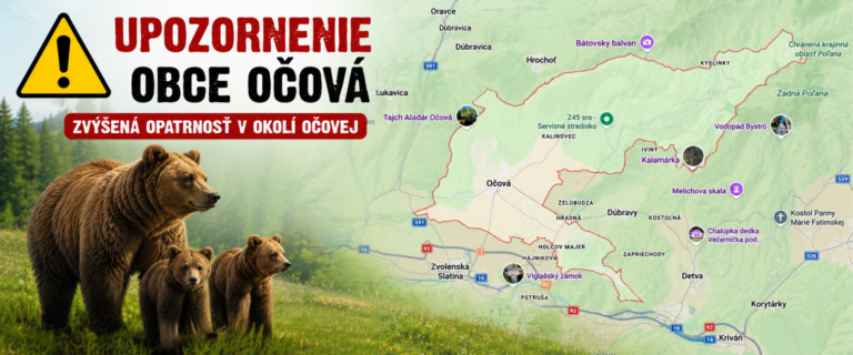 Grafika upozorňujúca na výskyt medvedice s dvomi mláďatami v okolí obce Očová. Na ľavej strane je medvedica s dvomi mláďatami na lúke, nad nimi symbol upozornenia a nápis „Upozornenie obce Očová“. Pravú časť tvorí mapa katastra obce Očová a okolitých lokalít. Grafika upozorňuje na zvýšenú opatrnosť v súvislosti s opakovaným výskytom medvedice s mláďatami v okolí obce.