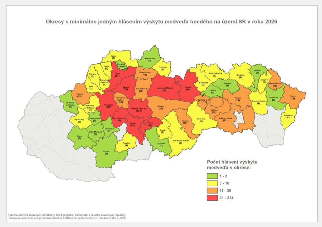 Mapa Hlásenia výskytu medveďa hnedého k 13.7.2026