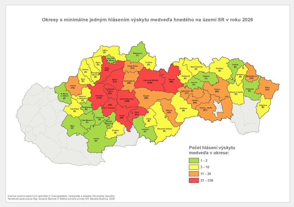 Mapa Hlásenia výskytu medveďa hnedého k 16.7.2026
