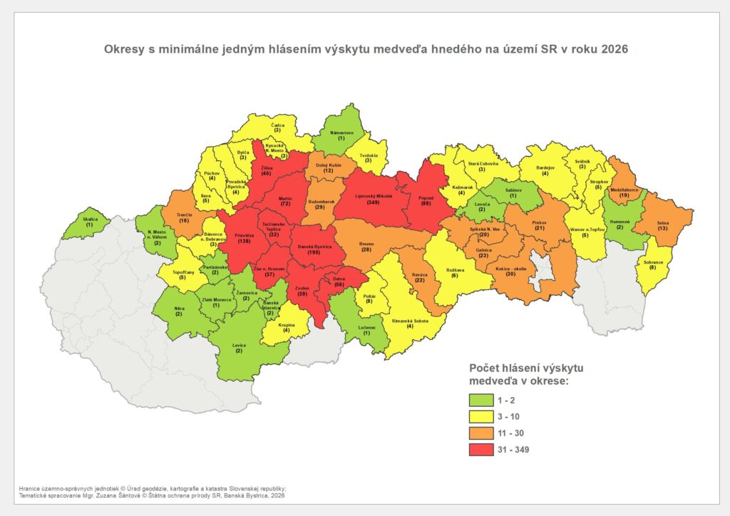 Mapa Hlásenia výskytu medveďa hnedého k 20.7.2026