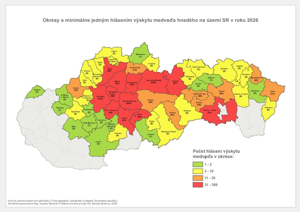 Mapa Hlásenia výskytu medveďa hnedého k 27.7.2026