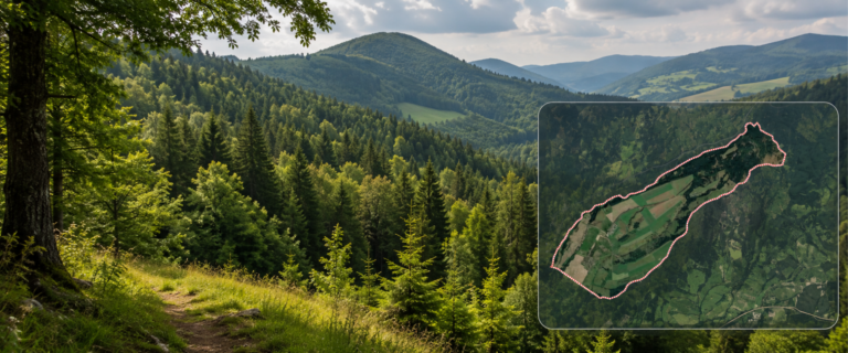 Panoramatický pohľad na lesnatú horskú krajinu s turistickým chodníkom a vloženou satelitnou mapou, na ktorej je červeno-bielou líniou vyznačené územie pri Liptovskej Kokave.