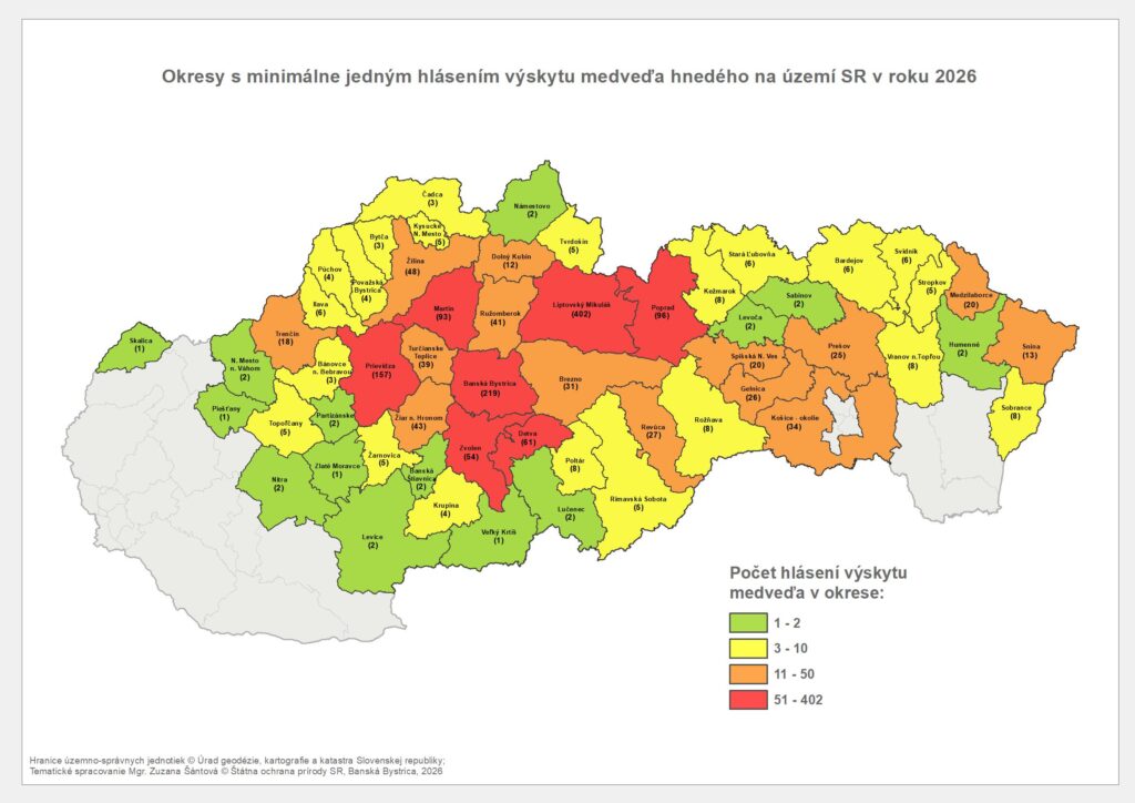 Mapa Hlásenia výskytu medveďa hnedého k 10. augustu 2026