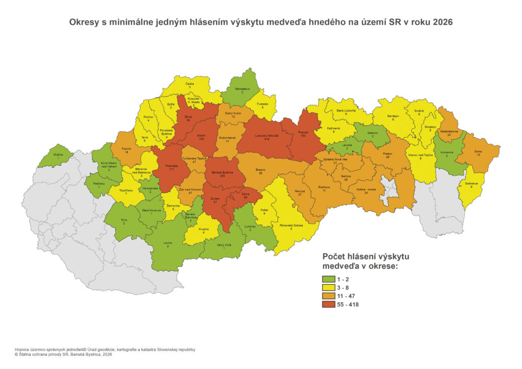 Mapa Hlásenia výskytu medveďa hnedého k 17. augustu 2026