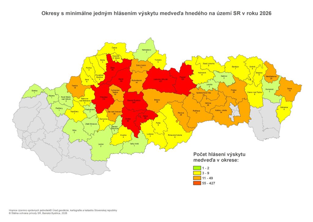 Mapa Hlásenia výskytu medveďa hnedého k 20. augustu 2026