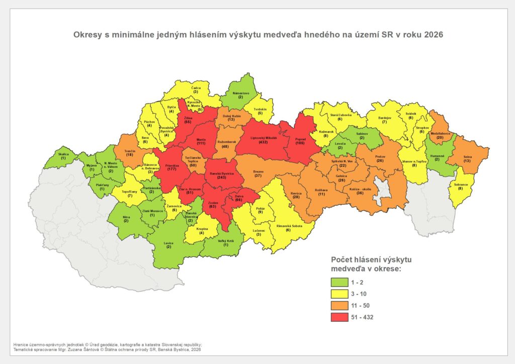 Mapa Hlásenia výskytu medveďa hnedého k 24. augustu 2026