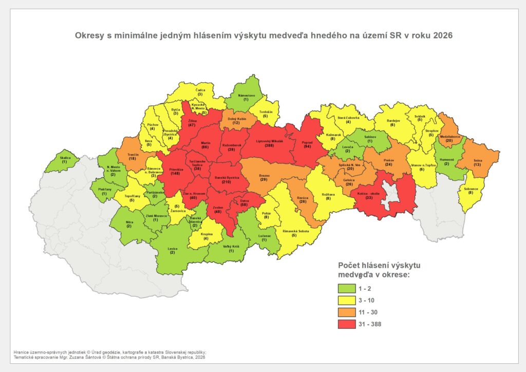 Mapa Hlásenia výskytu medveďa hnedého k 3. augustu 2026