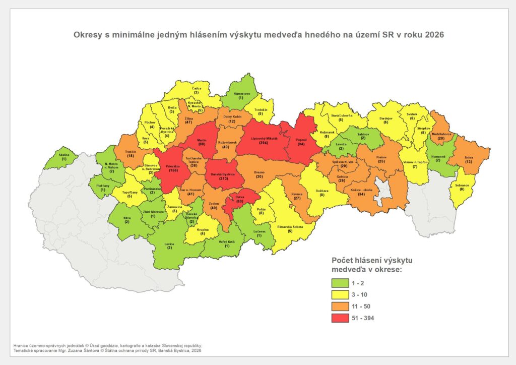 Mapa Hlásenia výskytu medveďa hnedého k 6. augustu 2026
