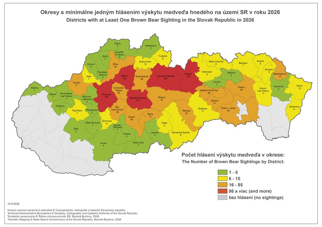 Mapa Hlásenia výskytu medveďa hnedého k 10. septembru 2026