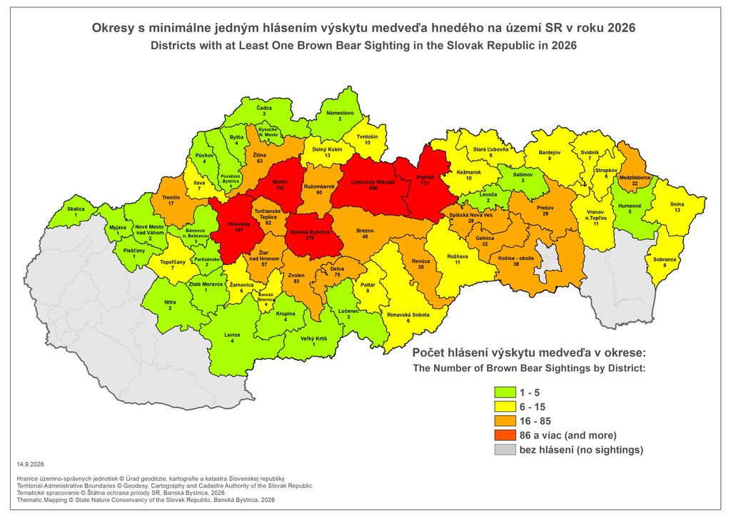 Mapa Hlásenia výskytu medveďa hnedého k 14. septembru 2026