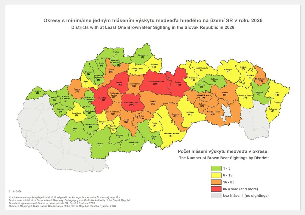 Mapa Hlásenia výskytu medveďa hnedého k 21. septembru 2026