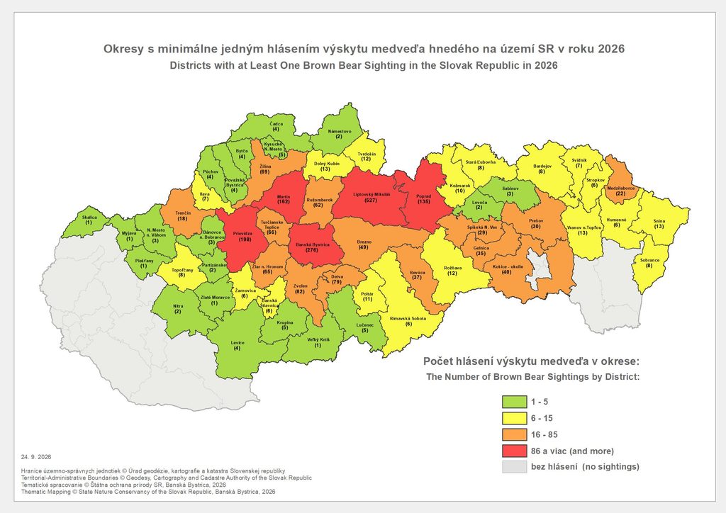 Mapa Hlásenia výskytu medveďa hnedého k 24. septembru 2026