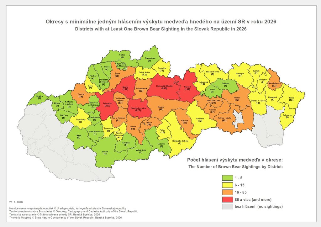 Mapa Hlásenia výskytu medveďa hnedého k 28. septembru 2026