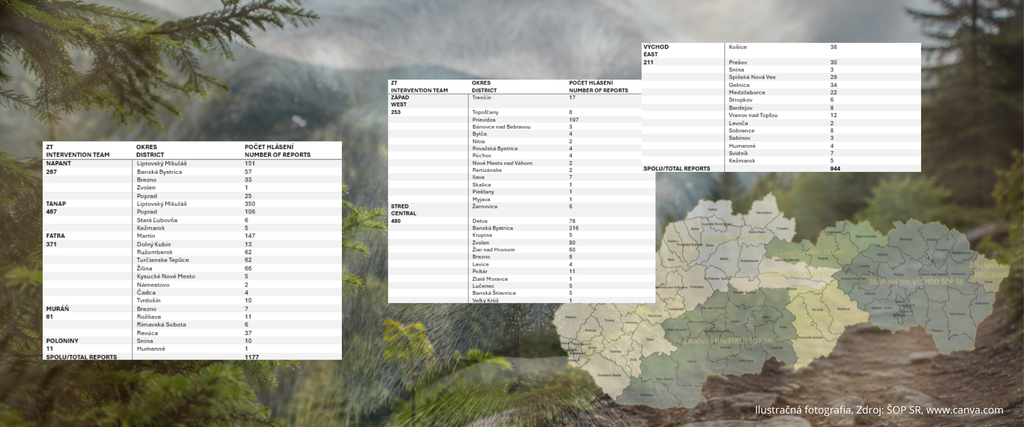 The Number of Brown Bear Sightings by District and Intervention Team in Slovakia as of September 17, 2026
