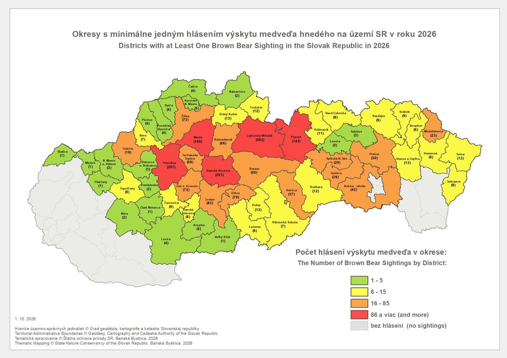 Mapa Hlásenia výskytu medveďa hnedého k 1. oktobru 2026
