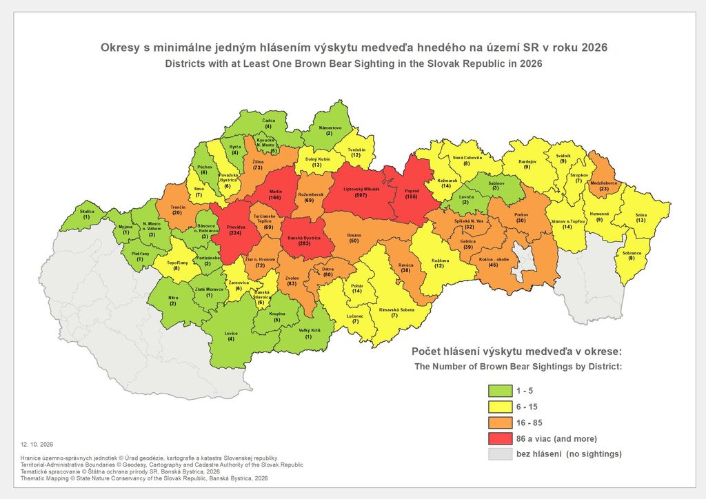Mapa Hlásenia výskytu medveďa hnedého k 12. októbru 2026