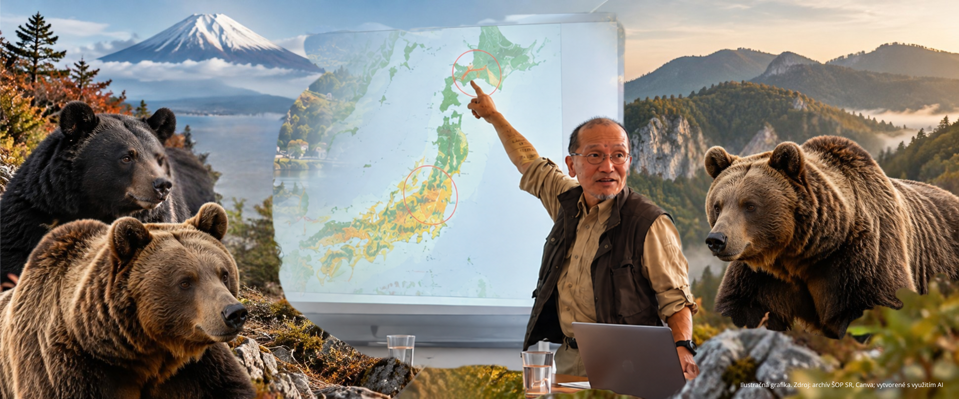 Ilustračná grafika porovnávajúca výskyt a manažment medveďov na Slovensku a v Japonsku; zobrazuje medveďa hnedého, medveďa čierneho ázijského a mapové prvky oboch krajín.